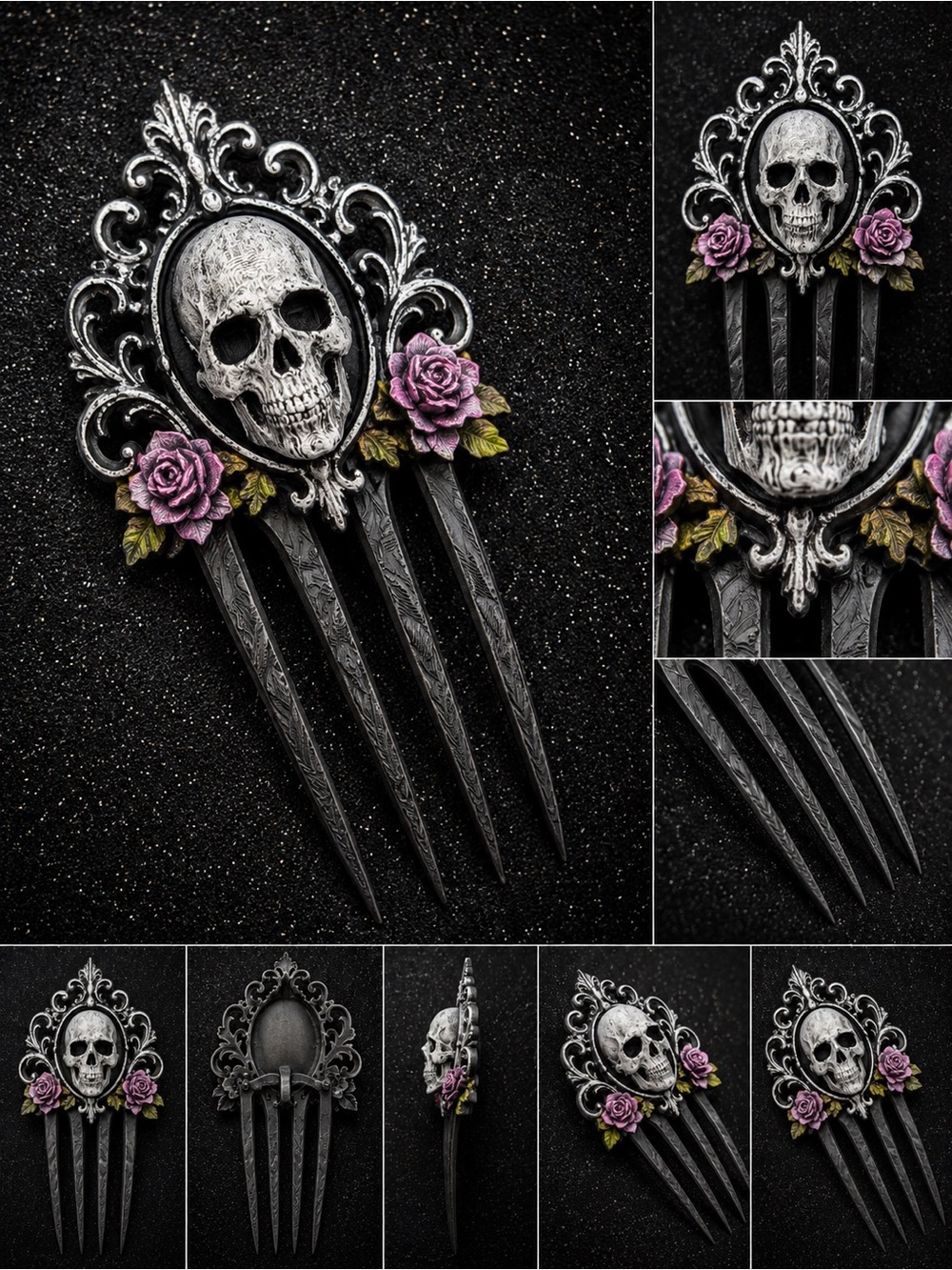 Gothic Skull Hair Comb with Pink Rose Accents - Picture 2 of 5